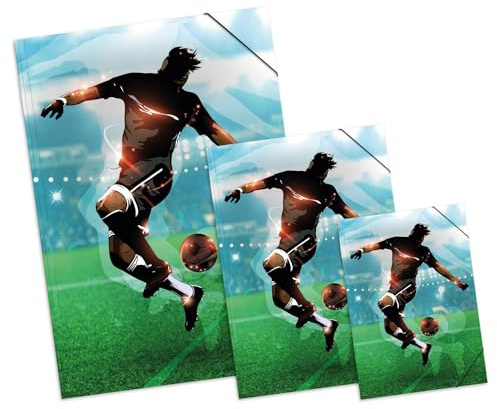 itenga Set Zeichenmappe DIN A2 und DIN A3 und Sammelmappe DIN A4 mit Motiv - Zeichenmappe Gummizugmappe Sammelmappe - für Kinder Jugendliche Schüler Mädchen Jungen (Motiv Fussball)