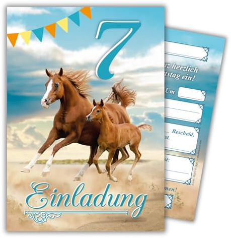 JuNa-Experten 12 Einladungskarten zum 7. Kindergeburtstag Mädchen Pferd Pferde coole Einladungen siebte Geburtstag Mädchengeburtstag coole Geburtstagseinladungen Partyeinladungen Kartenset