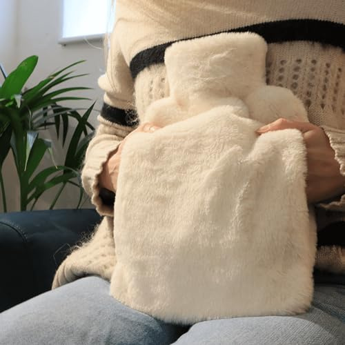 ZLEEPY® Pouchy Luxury Faux Fur Hot Water Bottle | Super Soft Vegan Faux Fur | Hand Pouch for Warmth | Removable Cover | 2L for Long-Lasting Heat | Comes with Premium Travel Cover | Winter White