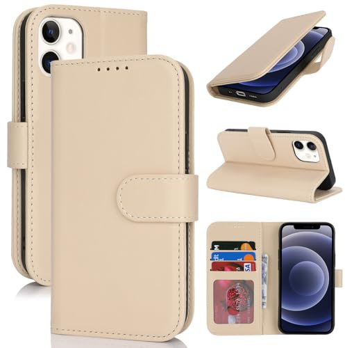 Zouzt Hülle für iPhone 12 Mini (5,4), Premium PU Leder, Beige | Handyhülle mit Kartenfächern, Magnet Klapp Schutzhülle, Stoßfeste TPU-Innenhülle, Frauen Männer, Leather Wallet Phone Case