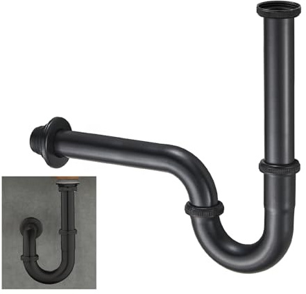 KEOKBON ORB Schwarz Universal Siphon 1 1/4 x 32 mm für Bad und Küchen Waschbecken, Geruchsverschluss Edelstahl Syphon Badezimmer Röhrensiphon Ablaufgarnitur Waschtisch