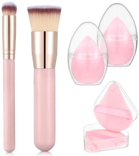 6 st foundationborste för flytande makeup, flytande foundationborste med makeupsvamp och puff för foundation, pulver, rouge, concealer (rosa)