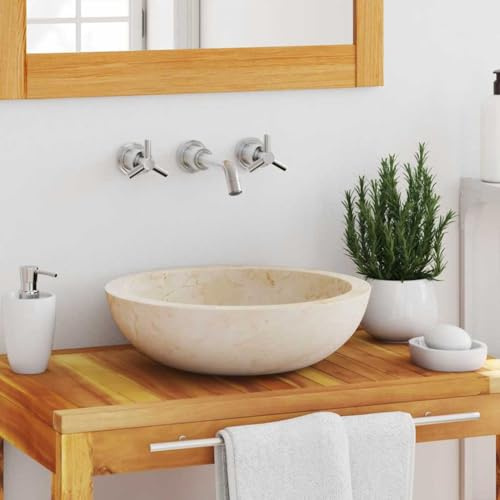Myheimly Waschbecken Waschschale Aufsatzwaschbecken Waschtisch Waschplatz Handwaschbecken Naturstein Becken Badezimmer Marmor Creme