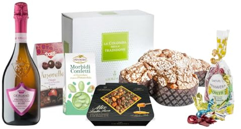GIORDANO VINI Box Regalo Il Gusto della Pasqua – 1 Prosecco Rosé, 1 Colomba da 750g e 5 Specialità Dolci in Confezione Pasquale, Selezione Gourmet di Confetti, Ovetti e Frutta Secca