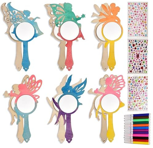 SUVEK 12 Stück Kindergeburtstag Holzspiegel für Kinder, Fee Basteln, DIY Holz Bastelset Geburtstagsdeko, Handgemachter Spiegel Unvollendeter handgemalter Spiegel, Geschenk für ein Mädchen