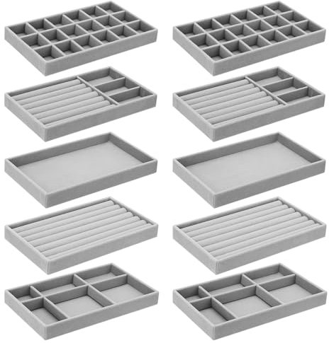 Oupuven 10 Stück Schmucktablett,Samt Schmuckeinsatz für Schubladen,Schmuckkästchen Stapelbar,Schmuckaufbewahrung Schublade für Halsketten, Armbänder,Ohrringe, Ringe, Uhren-Grau(21×12.5×2.5cm)