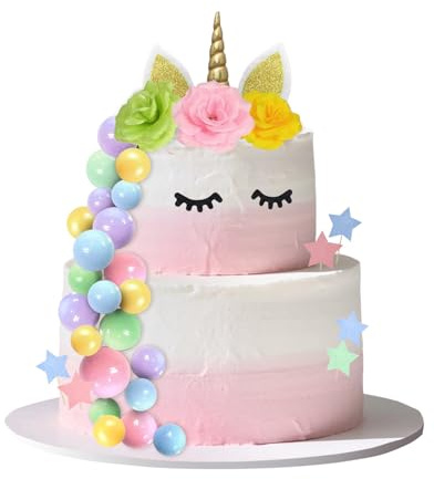 60 Stück Einhorn Tortendeko, Goldn Einhorn Kuchen Topper, Süße Einhorn Kuchendeko mit Blume Sterne Ball Cake Topper für Junge Mädchen Kinder Baby Dusche Geburtstag Hochzeit Party Dekoration