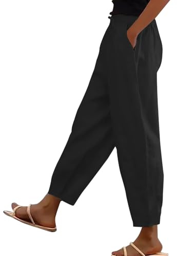 Petite Linen Trousers Womens, Linen Trousers Womens Petite Summer Elasticated Waist Short Leg Loose Cotton 3/4 Lounge Pants Plain Capri Casual Straight Leg Bottoms with Pockets Black M