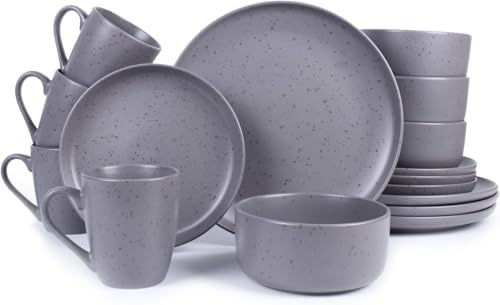 Housetronics 16 Piece Stoneware Dinner Set for 4 – Includes 4 Dinner Plates, 4 Dessert Plates, 4 Cereal Bowl and 4 Mugs, Dishwasher & Microwave Safe, Highly Resistant Dinnerware - Grey