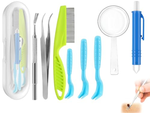 Chenivesss Juego de removedor de garrapatas para perros, gatos y seres humanos, 9 en 1 con estuche, juego de 3 palancas para garrapatas, 1 gancho para garrapatas, 1 pinza para garrapatas, lupa