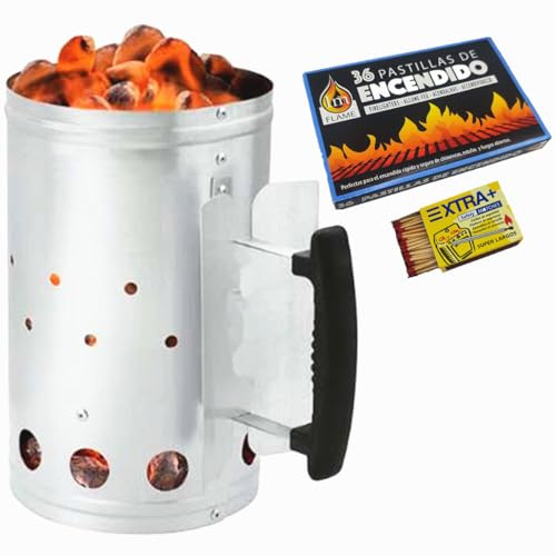 ASGRADO Encendedor de Carbón para Barbacoa,Chimenea de Encender, Chimenea de Carbón con Mango Térmico, 27,5 x 17 cm,+1 Caja Pastills de Encendido + 1caja Cerillas. (Plata)