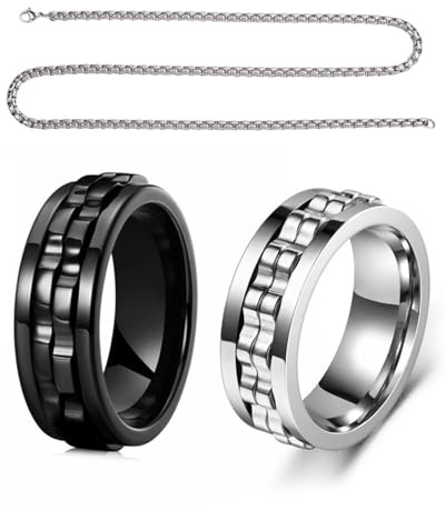 FUGLUS Anneaux rotatifs noirs&argenté en acier inoxydable pour homme et femme anneau pour homme et femme jouet sans stress bague de mariage cool Diamètre 19 mm Circonférence 60 mm,Avec une chaîne