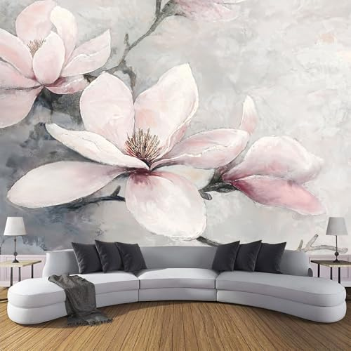 Carta Da Parati Effetto 3D Magnolia Dipinto A Olio 350× 256cm Fotomurali Non Tessuto, Acquerello Fiori Decorazione Poster Arte Murale Moderna per Casa Ufficio Camera Da Letto Soggiorno