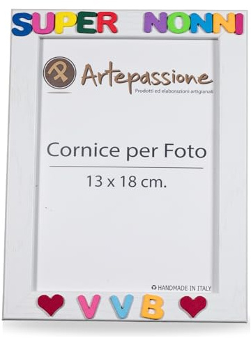 ArtePassione Regalo Nonni | Cornice Foto 13x18 Bianca Verticale in Legno con Scritta Super Nonni VVB e Decorata con Cuori | Idea Regalo Compleanno Nonno e Nonna | Portafoto da Tavolo o Parete