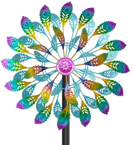 Metall Windrad Garten Dekoration in Retro-Farben - Windspiele für Garten, Rasen und Terrasse, Windskulptur Spinner mit Metallpfahl (Farbige Feather)