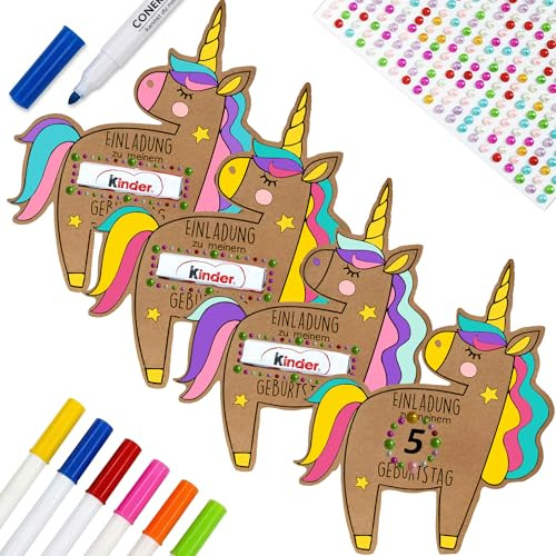 GoTilo Einladungskarten Kindergeburtstag DIY Set – 15 Kraftpapier Karten in Kuchenform zum Ausmalen & Basteln, kreative Kinderparty Einladung für Mädchen Jungen (Einhorn)