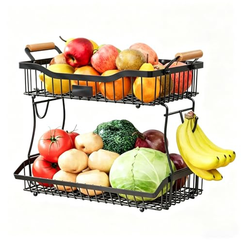 JOUING Obstkorb 2 Etagen Obst Etagere mit Bananenhalter Metall Obstschale Gemüse Aufbewahrung für Küche Organizer für Zwiebel, Snack,Kartoffel,Brot (Schwarz, 2 Etagen)
