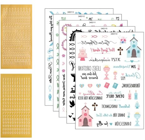 JOVYTH 5 Hojas Tatuajes Para Velas + 2 Planchas Letras Doradas – Pegatinas Autoadhesivas De Cera, Tatuajes Para Vela De Bautizo, Comunión, Confirmación, Cumpleaños, DIY