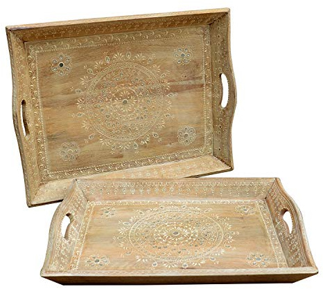 Lot de 2 Plateaux de Service Peint à la Main en Bois de manguier RK18 Casa Moro