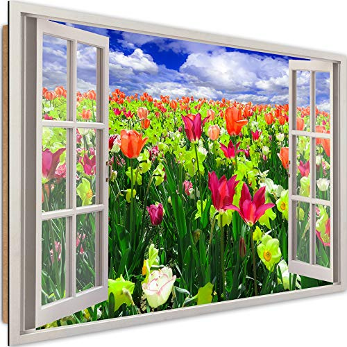 Feeby Cuadro Imagen XXL Vista de la Ventana Impresión de arte Flores Multi 120x80 cm