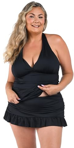 La Blanca Womens Island Goddess Rouched Front Halter Swimsuit Tankini Top, Black, 18 Plus