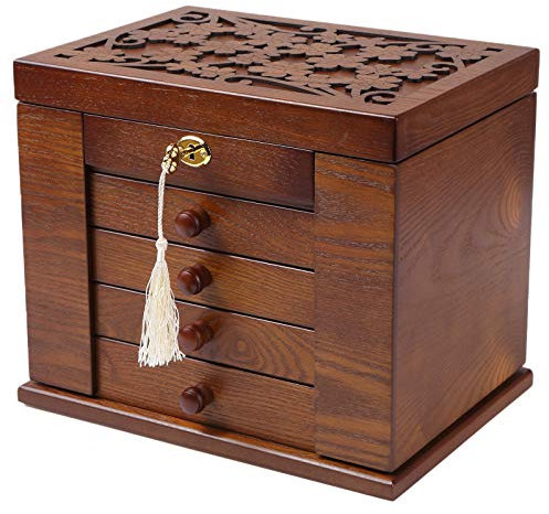 Changsuo Portagioie in legno da donna, scatola organizer in legno massello con serratura combinata per gioielli, orologi, collane, anelli, scatola portaoggetti (marrone scuro), grande