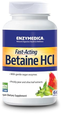 Enzymedica, Betaine HCI, 600mg, Protein Digestion, Dietary Supplement, 60 Capsules, Vegan, Gluten-Free, Soy-Free, Non-GMO