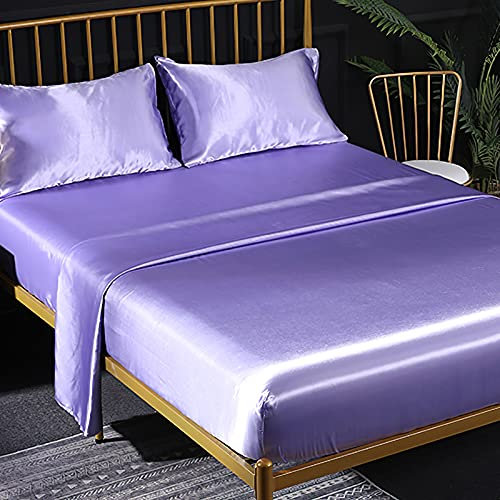 Jemiipee Spannbettuch Einfarbig Satin Glänzend Betttuch Leintuch 150x200 cm für Matratzen bis 35cm Spannbettlaken Set 4teilig mit Bettlaken, Spannbettuch, 2 Kissenbezüge - Helles Lila