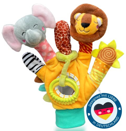 HELDENGUT 2-in-1 Spielhandschuh – Baby Fingerpuppen & Sensorik-Spielzeug ab 0 Monaten, weicher Handpuppen-Handschuh für Jungen & Mädchen