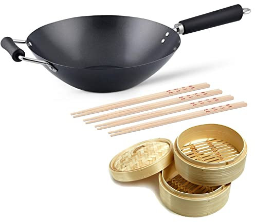 Ken Hom Stielwok 31 cm Induktion aus Karbonstahl antihaftbeschichtet mit Gegengriff - Wok Set inklusive Dampfkorb Ø 20 cm und 8 Essstäbchen - für verschiedene Herdarten geeignet