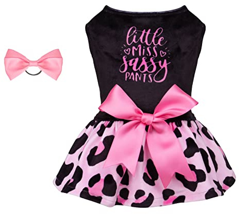 CuteBone Little Miss Sassy Pants Dog Leopard Print Dress Velvet for Small Dogs Girl Puppy Dresses Pink Dog Clothes CVA15XXS-D