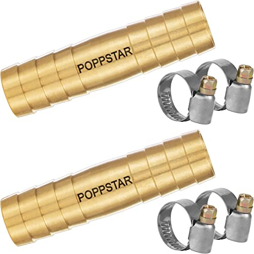 Poppstar 2x skarvrör i mässing för vattenslang 1/2 tum med 4 slangklämmor av rostfritt stål för 1/2 (12,7mm) trädgårdsslang