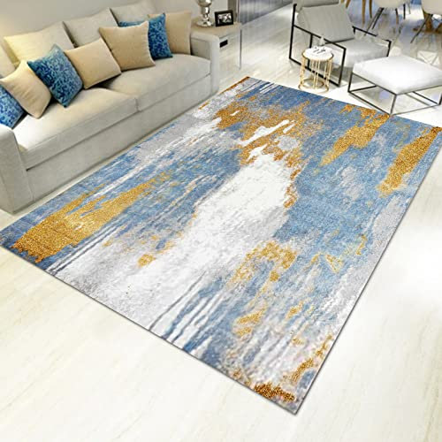 KeletiRug Gran Tamaño Dormitorio Moqueta Antideslizante fácil de Limpiar Tapete para Dormitorio, Comedor, Habita Aguada y Tinta Abstracta Dorada y Azul, 200 x 200 cm