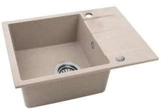 VBChome Spülbecken 56 x 44 cm Beige Granit Einzelbecken Einbauspüle Gesprenkelt Reversibel Granitspüle Siphon Waschbecken