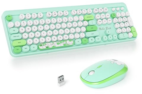 SOLIDEE Kabellose Tastatur- und Maus-Kombination - Retro-Schreibmaschinen mit 2.4GHz Runde Tastenkappe, Ziffernblock, 104 Tasten Ergonomisch (Amerikanisch QWERTY) (Bear Green)