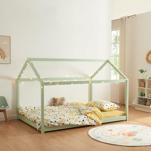 [en.casa] Kinderbett Cerro Hausbett Jugendbett Bett in Haus-Optik Montessori Bett aus massiver Kiefer Bettgestell mit Lattenrost Mintgrün 140x200cm