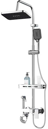 BiaoTeng Ensemble de Douche avec Mitigeur pour Baignoire, Pommeau de Douche de 3 Jets, Colonne de Douche Fixation Murale Réglable, Système de Douche Chrome