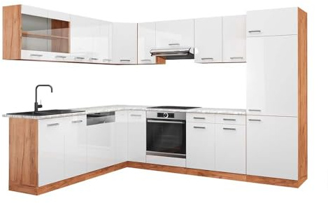 Vicco Eckküche R-Line, Weiß Hochglanz/Goldkraft Eiche, 287 x 227 cm | 12 Module · Höhenverstellbare Füße · AP Marmor inkl. · Robuste Fronten · Mit Kühlschrankumbauschrank