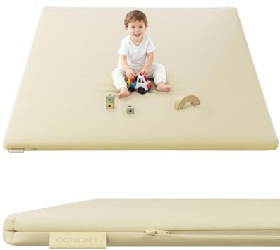 COMOMY Veganes Leder Krabbelmatte Baby, 127x127x3 cm Krabbeldecke für Baby, Extra Dicke und Weiche Schaum Spielmatte Baby Kinder, Wasserdicht & Rutschfeste Baby Play Mat für Laufstall (Elfenbein)