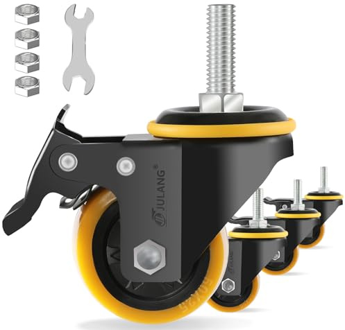 JULANG 2 inch Caster Wheels 3/8 Threaded Stem Casters Set of 4 Heavy Duty 580 Lbs, 3/8-16 x 1(Stem Diameter 3/8, Length 1), Safety Dual Loking Casters for Wire Shelving, Carts, Furniture