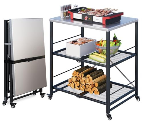 UNIONLINE Foldable Stainless Pizza Oven Table,3-Tier Outdoor Grill Cart Trolley on Wheels, Garden Dining Cart Movable BBQ Stand Sliver
