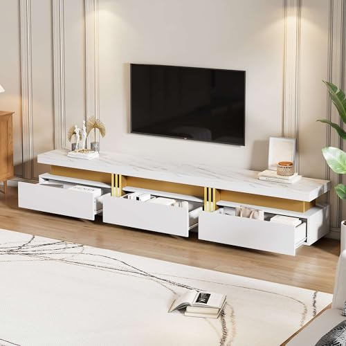 Meuble TV moderne 200 x 40 x 42 cm avec 3 tiroirs, meuble bas de salon avec texture marbre pour télévisions jusqu'à 90 pouces (Blanc)
