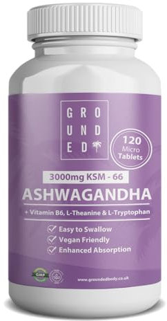 Grounded Ashwagandha KSM-66® High Strength 3,000mg | 4-in-1 Formula | 120 Tablets / 2 Month Supply | L-Theanine, L-Tryptophan, Vitamin B6 & Black Pepper | Vegan-Friendly, UK Made