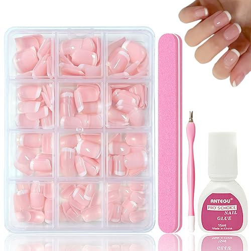 Virellay 240 Stück French Kurze Press On Nails Set, Square Künstliche Fingernägel, Nails Zum Aufkleben mit Kleber Acryl Nagel Tips, Falsche Nägel für Frauen Nail Art DIY