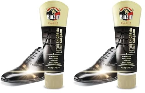 Búfalo Classic - Betún en Crema para Zapatos, Cuidado del Calzado, Crema Color Negro que Nutre, Protege y da Brillo, Óptimo para Pieles Lisas - Tubo de 50ml (Paquete de 2)