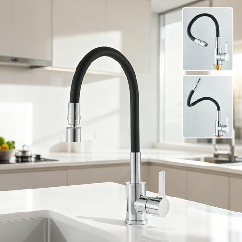 HARNART Mitigeur d'évier de cuisine flexible noir et chromé pivotant à 360° double fonction aérateur levier unique mitigeur de cuisine
