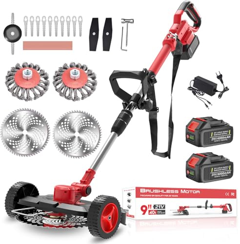 Rasentrimmer mit Akku für Makita Akku, Rasentrimmer mit Unkrautbürste und 2 x4.0MA Akku, Garten-Rasen-Unkraut-Trimmer Elektro rasenkantenschneider Mit 4 Ersatzklingen für Garten, Hof