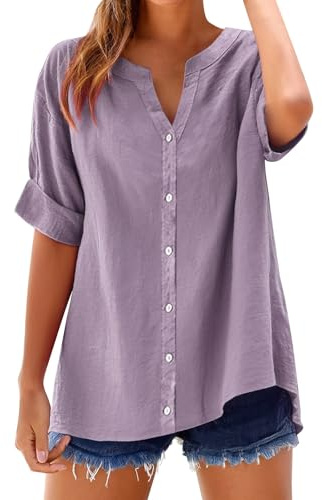 Cihdmfb Blusa de lino para mujer, tallas grandes, verano, algodón y lino, blusa vintage, monocolor, manga corta, informal, cuello en V, muselina, blusa con botones, camiseta larga holgada