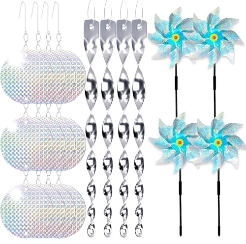 Lot de 12 répulsifs anti-pigeons pour jardin, 4 moulins à vent + 4 tiges de dissuasion d'oiseaux + 4 disques réfléchissants pour garder les oiseaux loin de votre maison, jardin, terrasse