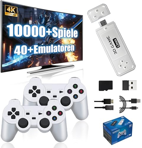 Y6 Retro Game Stick Spielkonsole 4k mit integriertem 10000+ Retro Spiele 40+ Emulatoren, 2 x 2.4G Wireless Controller, Tragbare Plug & Play Videospiele (128G)